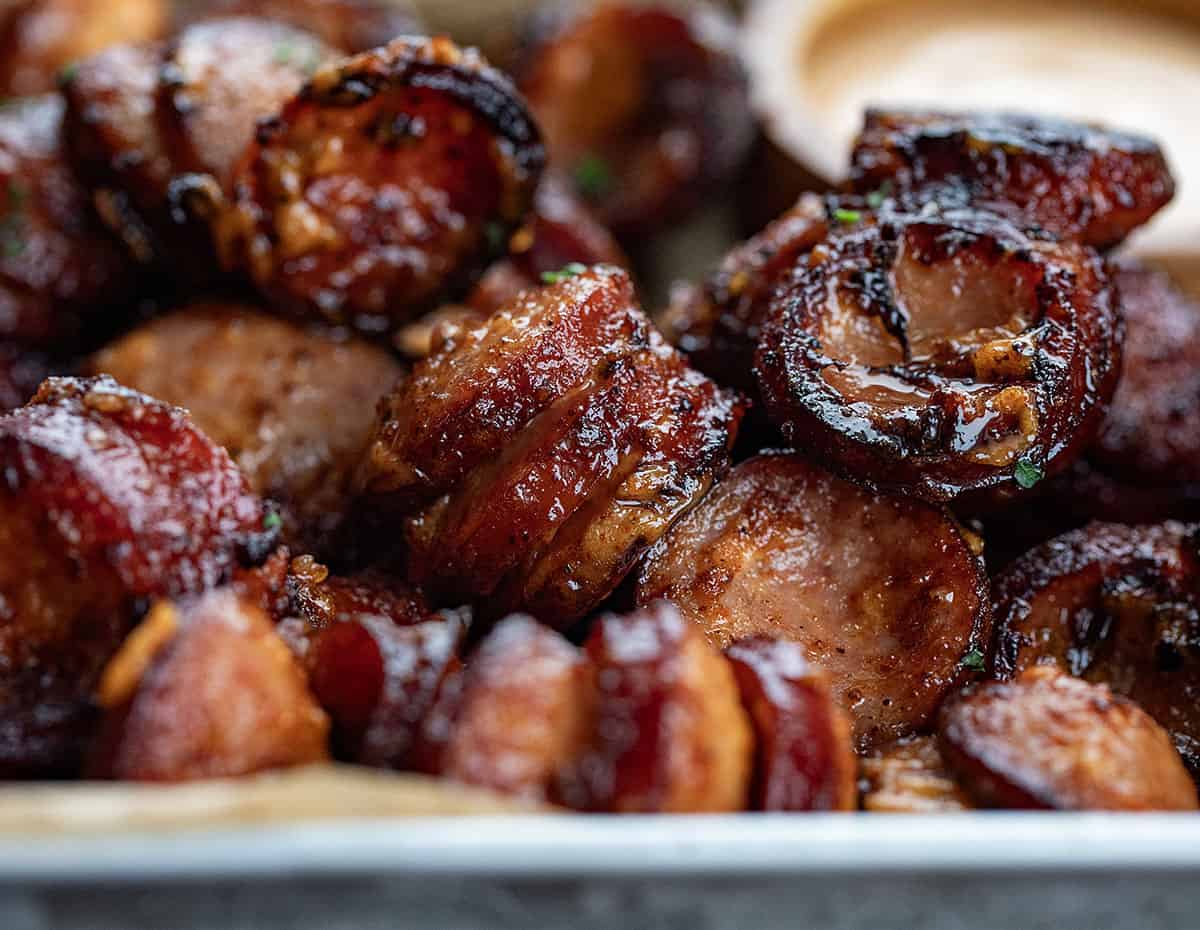 Close up of Chipotle Aioli Hasselback Kielbasa Bites.