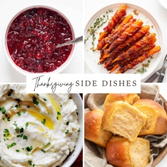 Cranberries, bacon covered carrots, mashed potatoes, and dinner rolls in a picture for Thanksgiving Side Dishes.