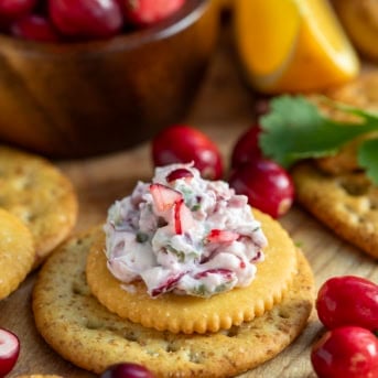 Creamy Cranberry Jalapeño Dip on a cracker set out for a Christmas event.