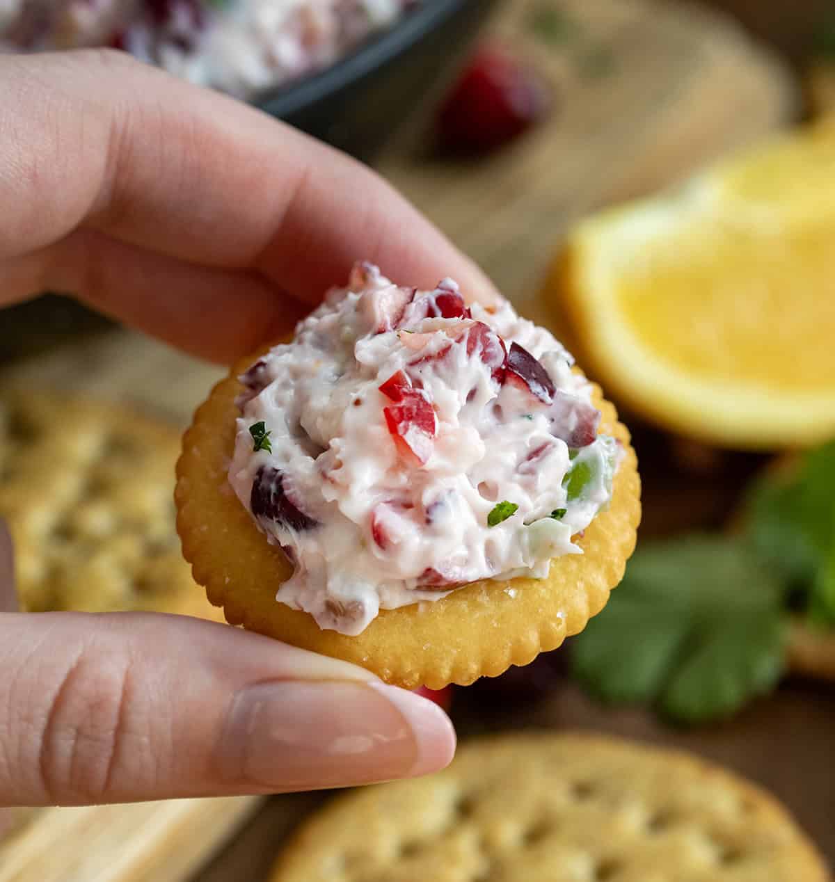 Hand holding Creamy Cranberry Jalapeño Dip on a cracker.