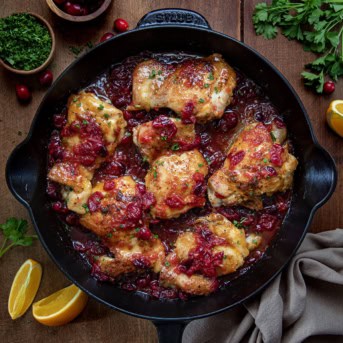 Skillet of Cranberry Orange Chicken on a wooden table with cranberries and fresh orange slices.