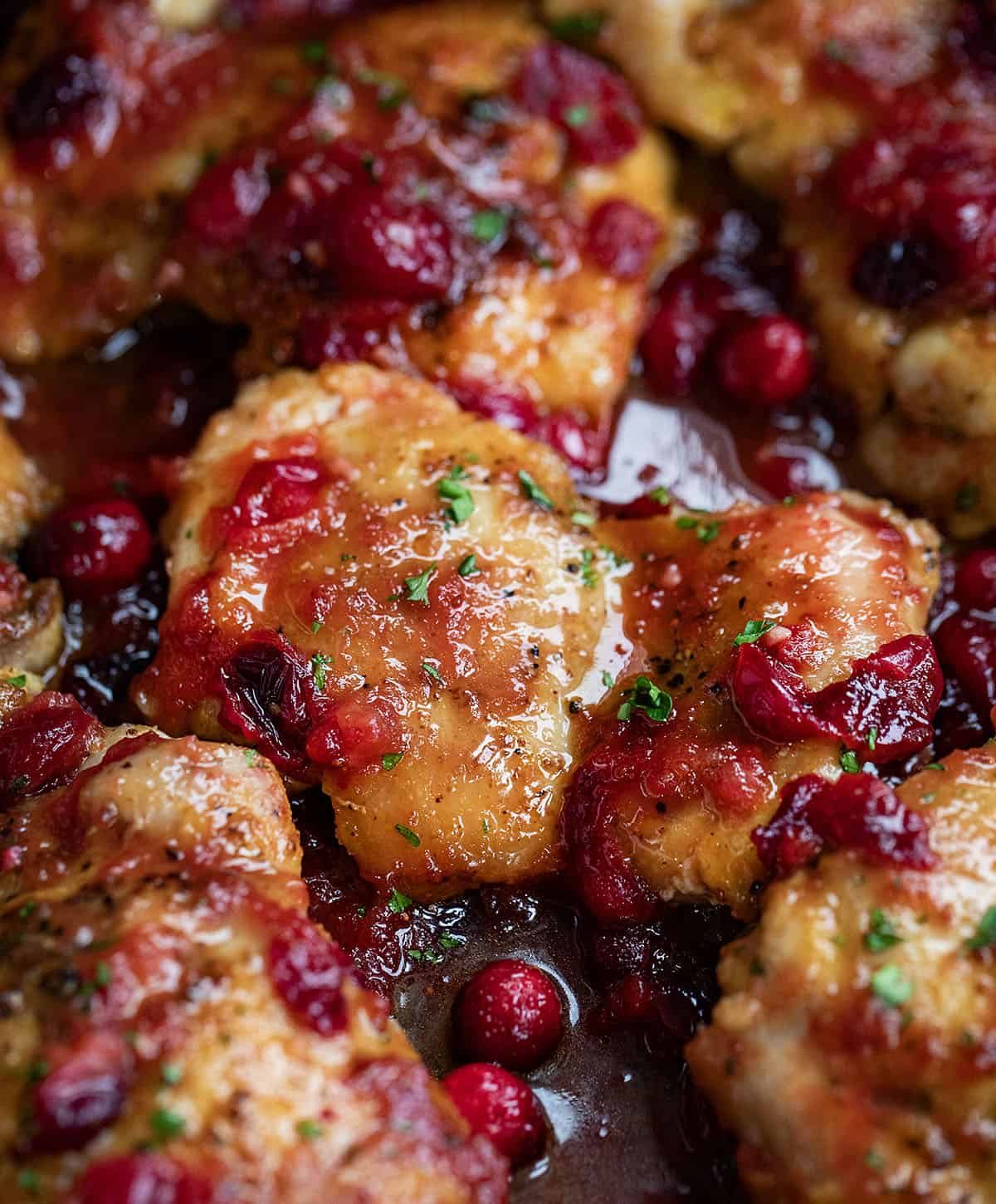 Close up of a chicken thigh covered in cranberry orange sauce.