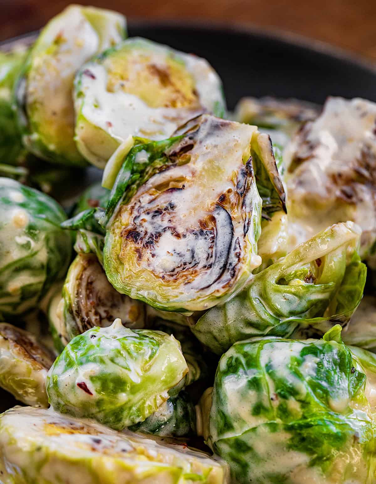 Close up of Creamy Garlic Parmesan Brussels Sprouts.