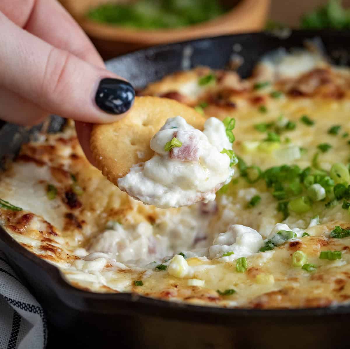 Hand holding a cracker that has been dipped into Hot Ham and Cheese Dip.