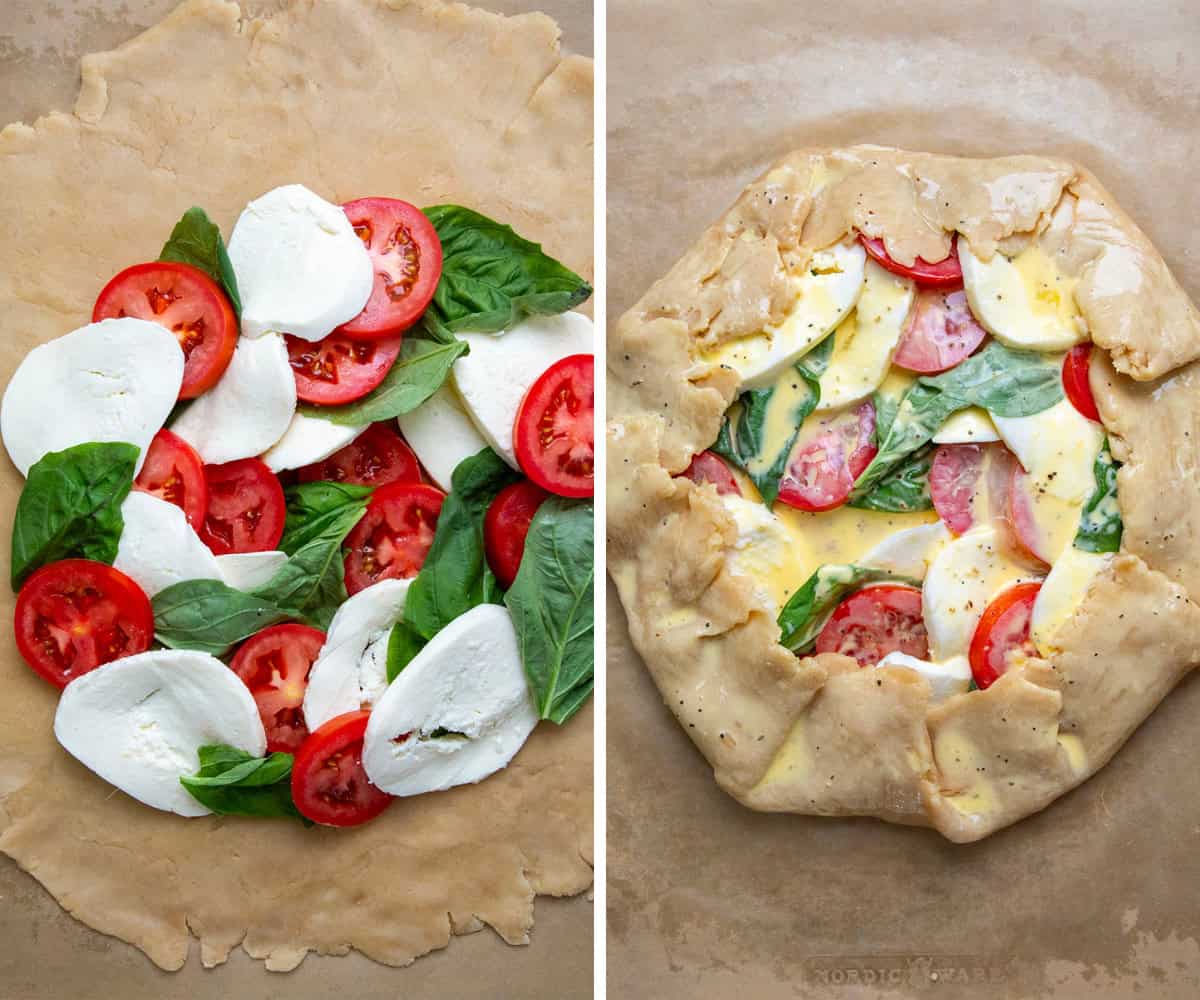 Caprese Galette before folding the dough and after adding egg glaze before cooking.