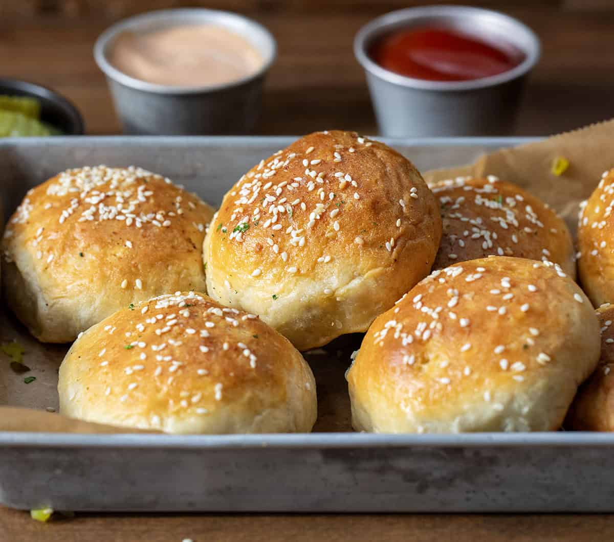 Pan of Cheeseburger Bombs on a table close up.