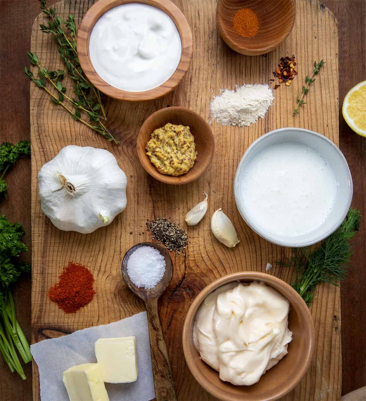 Ingredients used to make Cowboy Butter Ranch Dressing.