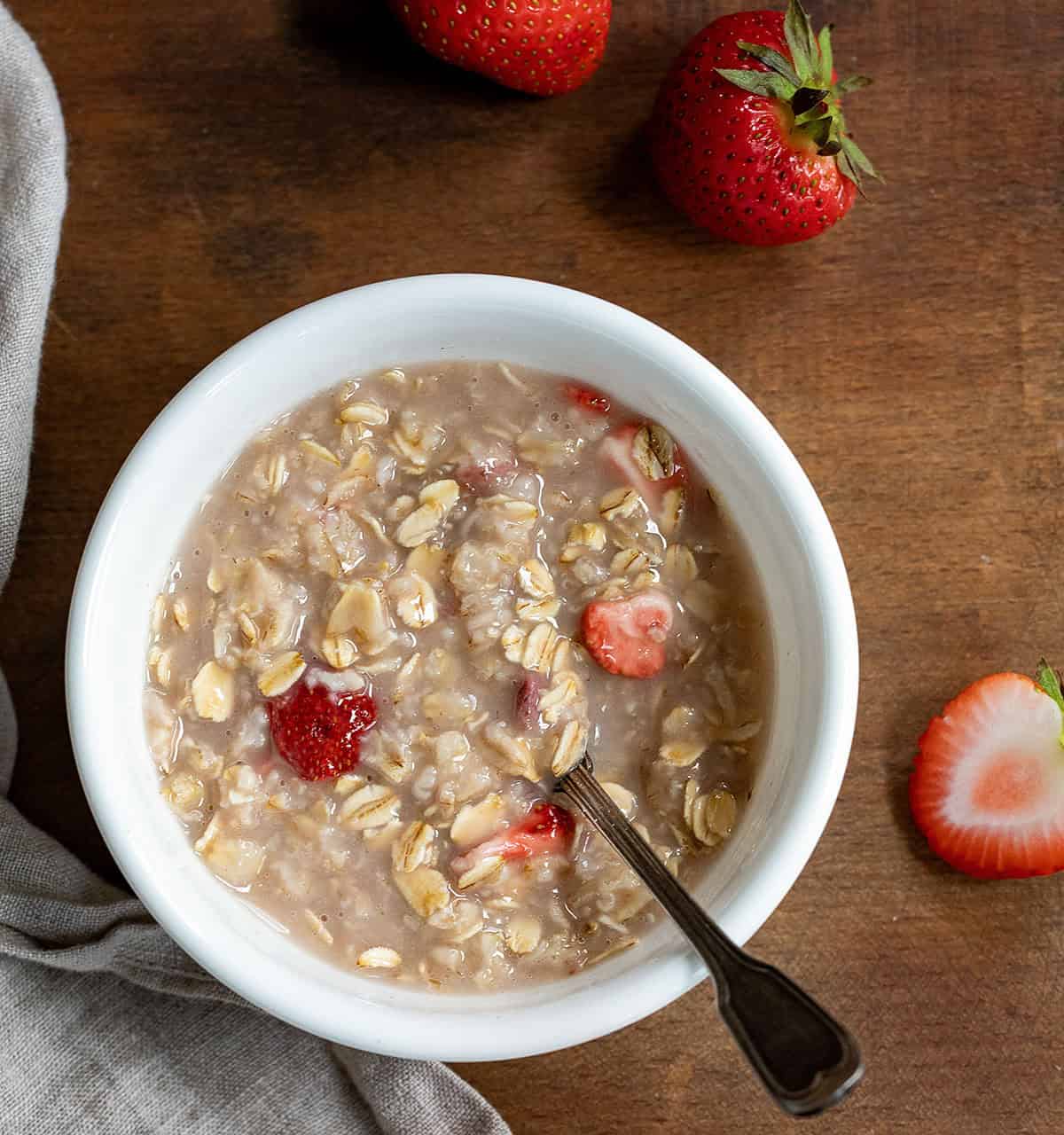 Bowl of homemade strawberry oatmeal.