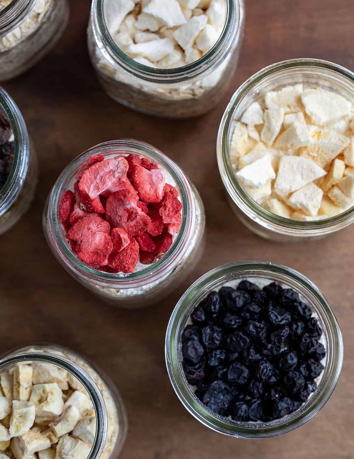 Jars of Homemade Instant Oatmeal from overhead.