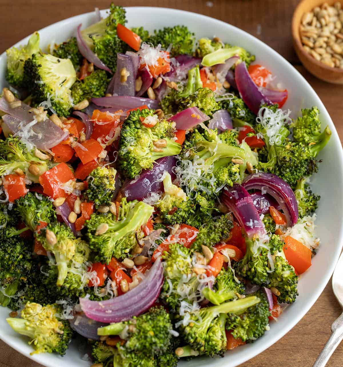 Close up of Roasted Broccoli Salad in a bowl.