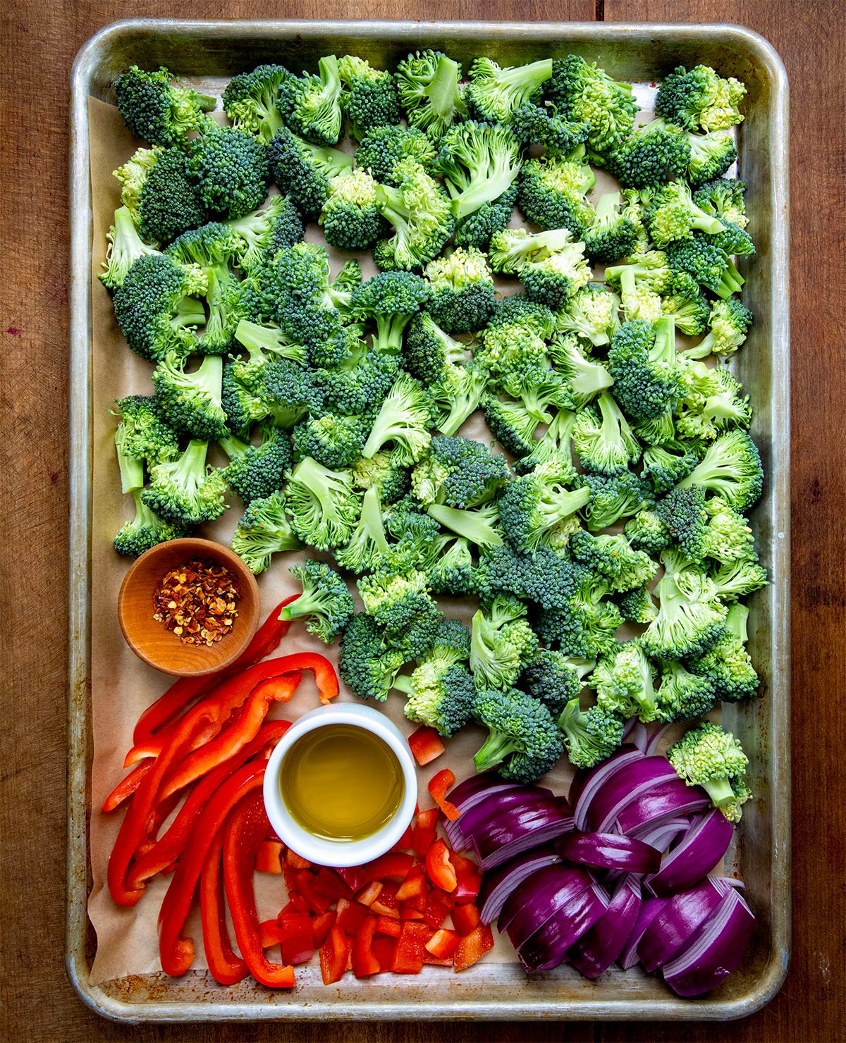 Raw vegetables before being roasted for Roasted Broccoli Salad.