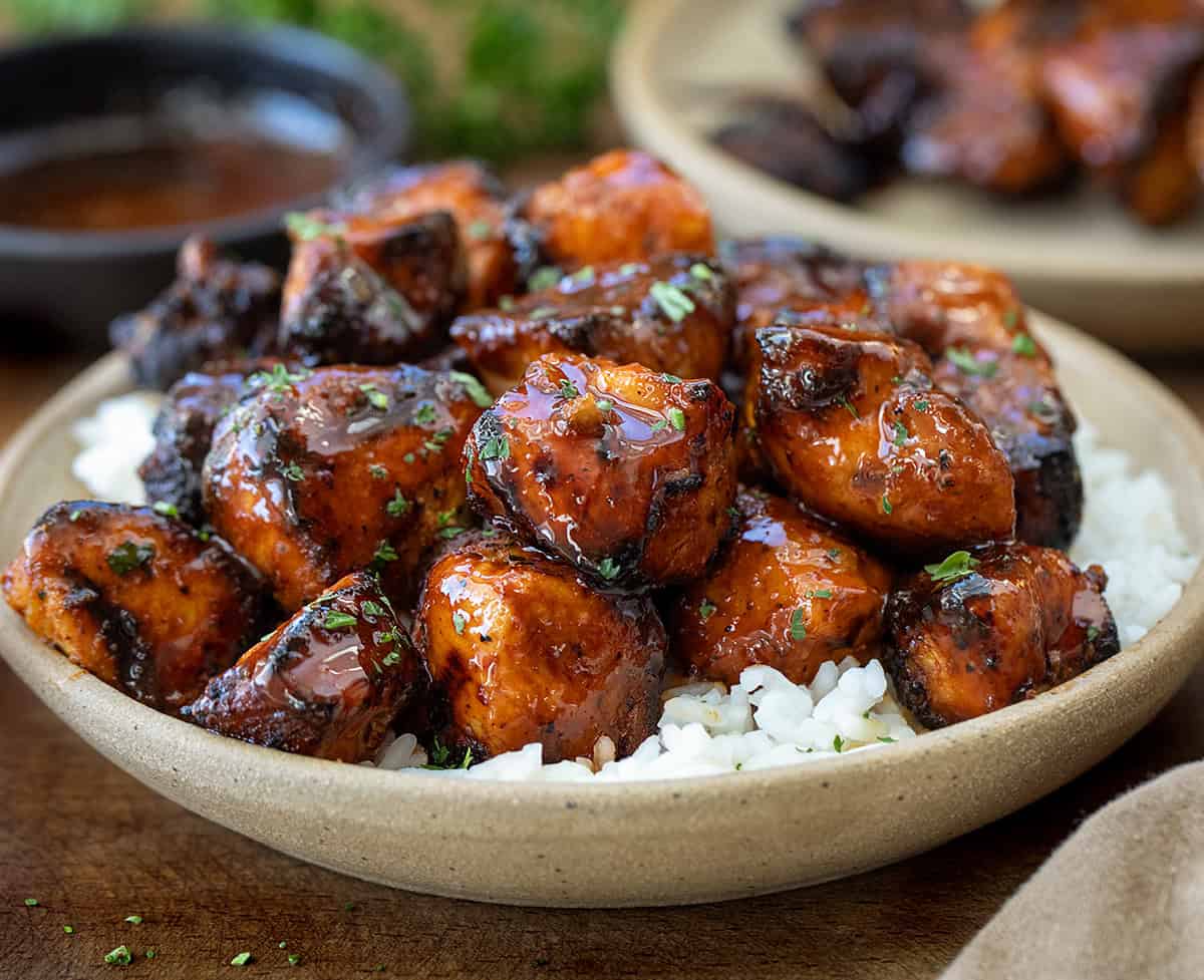 Close up of Firecracker Chicken Skewers but the chicken is no longer on the skewer.