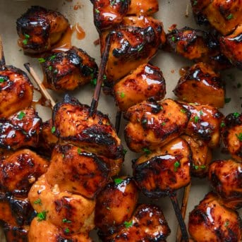 Looking down on Firecracker Chicken Skewers very close up.