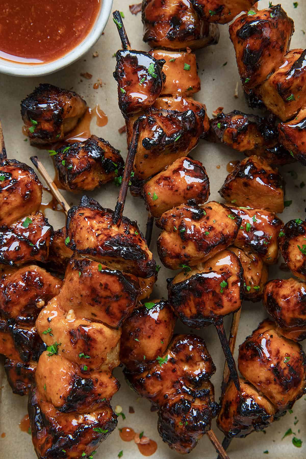 Looking down on Firecracker Chicken Skewers very close up. 