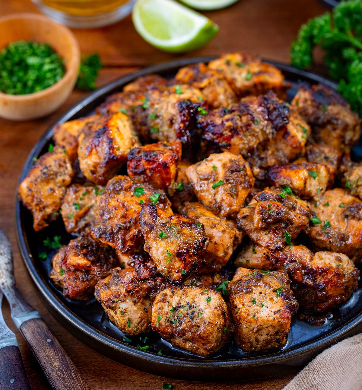 Plate of Jerk Salmon Bites close up.