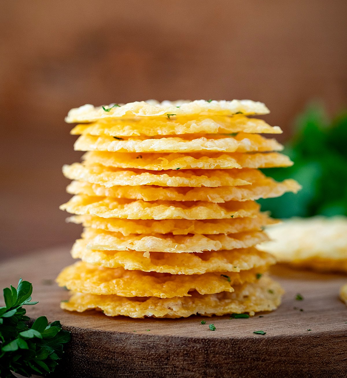 Close up of a stack of Parmesan Crisps.