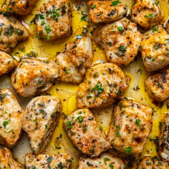 Close up of Cowboy Chicken Bites in a pan from overhead.