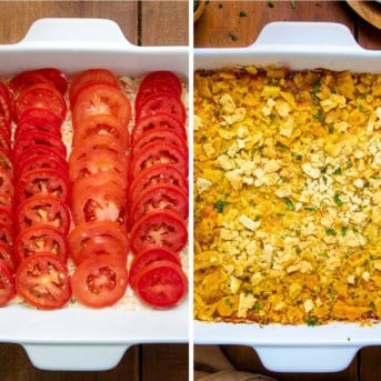 Process of making scalloped tomatoes in a white pan, one image with the raw tomatoes layered, then other of the finished, baked recipe.