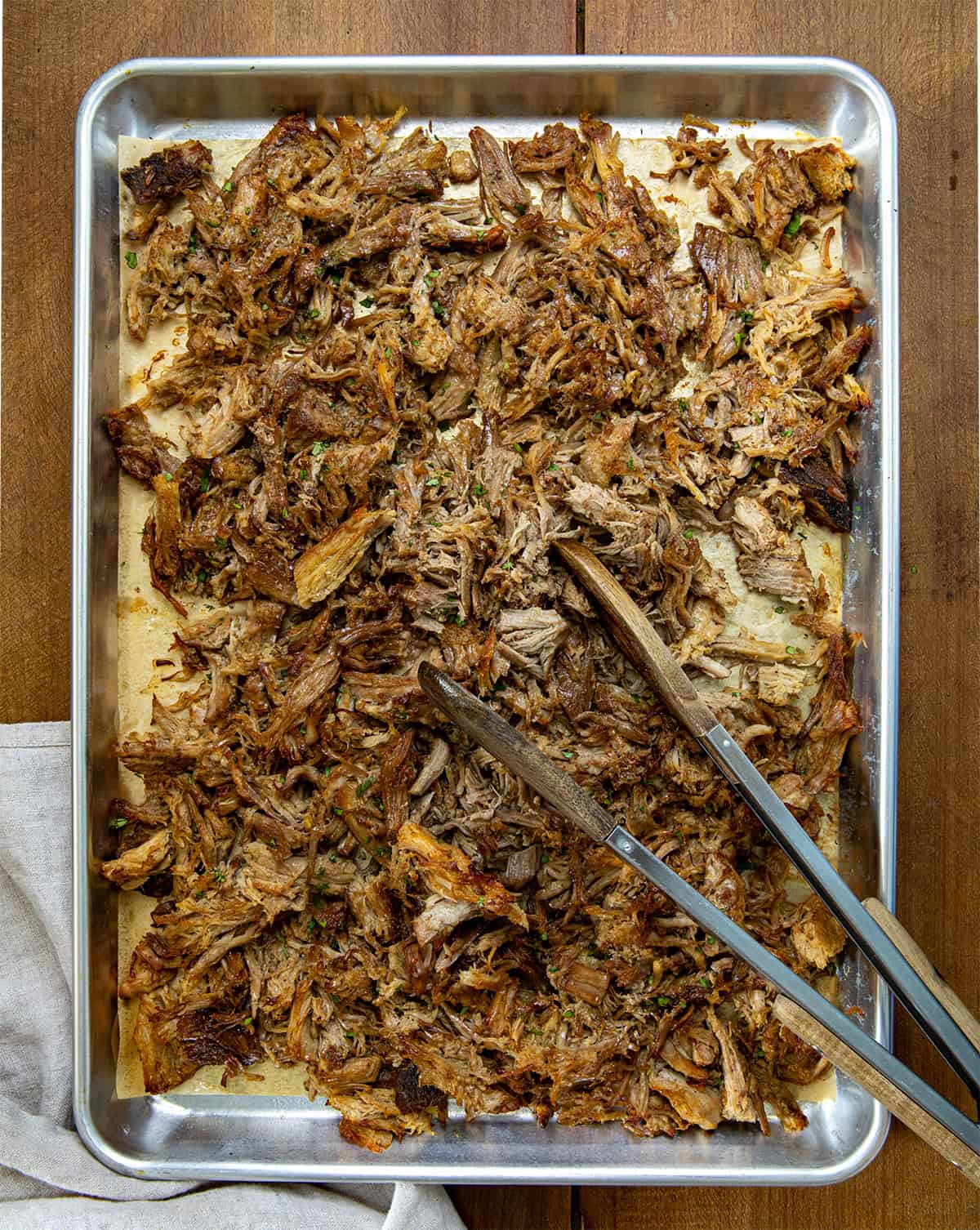 Sheet pan of crispy Slow Cooker Carnita meat.