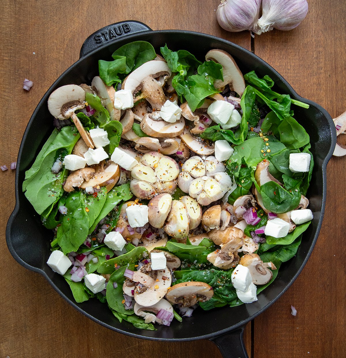 Roasted Garlic Mushroom Pasta ingredients in the pan before roasting.