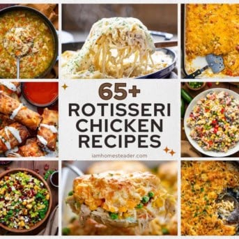 Collage of 8 images from recipes that use rotisseri chicken.