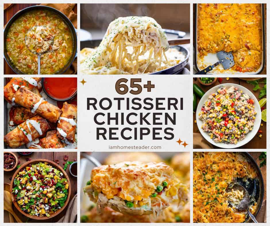 Collage of 8 images from recipes that use rotisseri chicken.