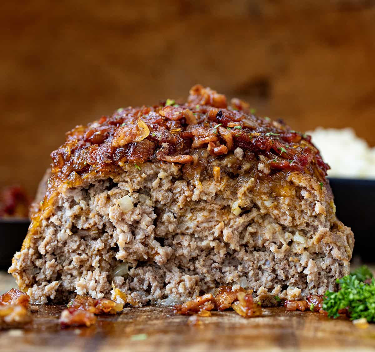 Close up of Bacon Jam Meatloaf that has been cut into showing inside.