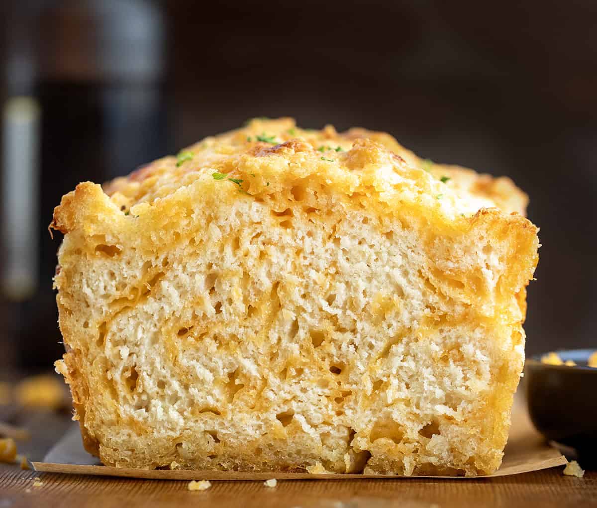 Close up of cut into loaf of Beer Cheese Bread.