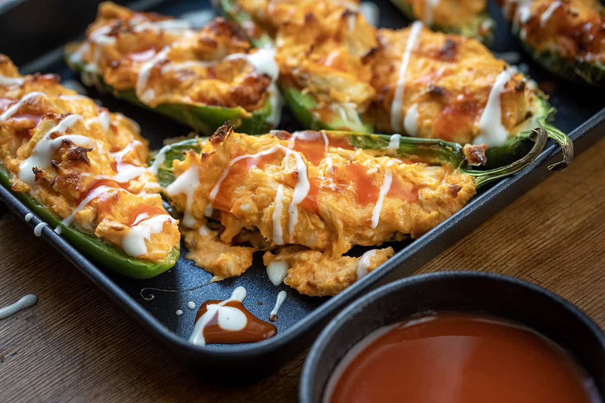 Close up of Buffalo Chicken Jalapeño Poppers.