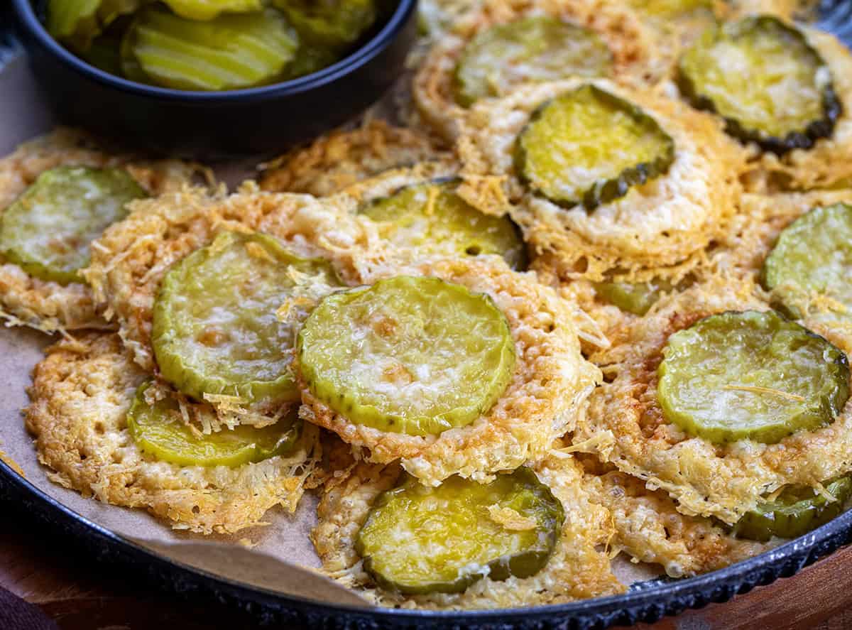 Close up of Parmesan Pickle Crisps on a platter.