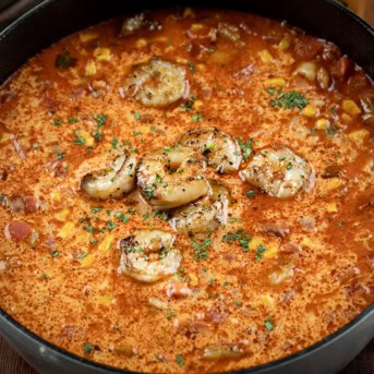 Close up of Chipotle Shrimp Soup in the pot.