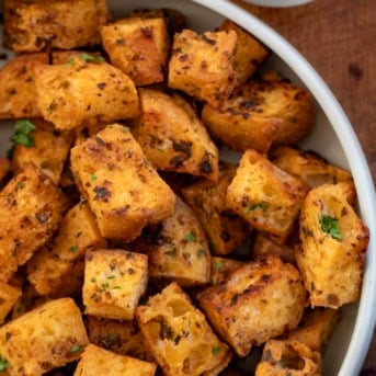 Close up of a bowl of Cowboy Croutons.