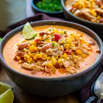 Close up of a bowl filled with Creamy Chipotle Chicken Soup.