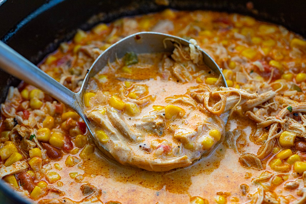 Ladle picking up a scoop of Creamy Chipotle Chicken Soup from the pot, very close up shot.
