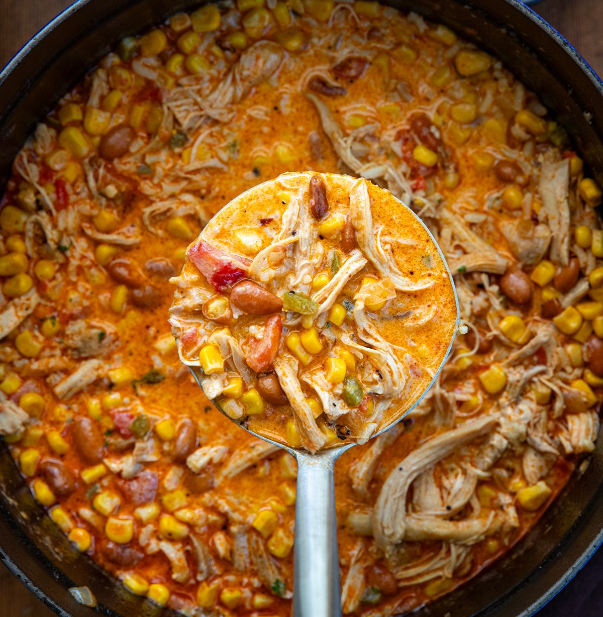 Ladle full of Creamy Chipotle Chicken Soup being held above the pot.
