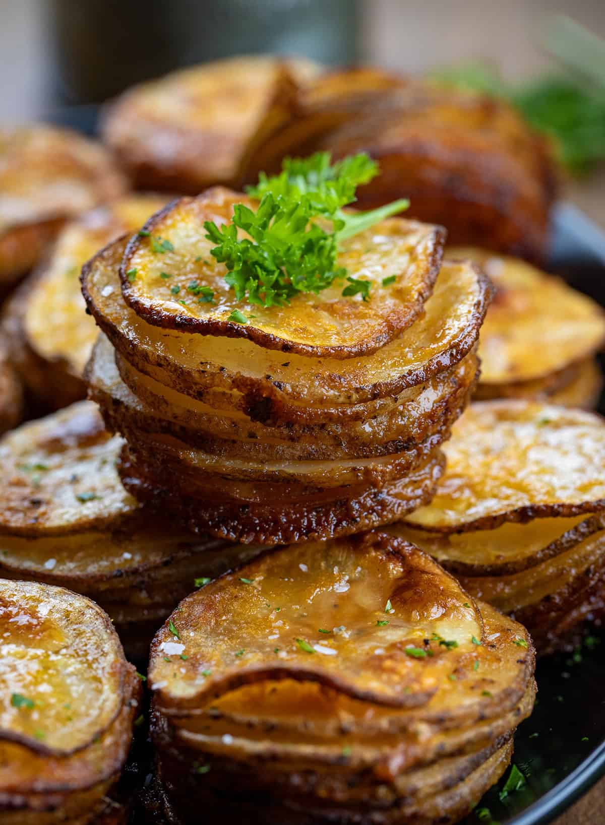 Stack of Crispy Potato Stacks on top of other stacks close up.