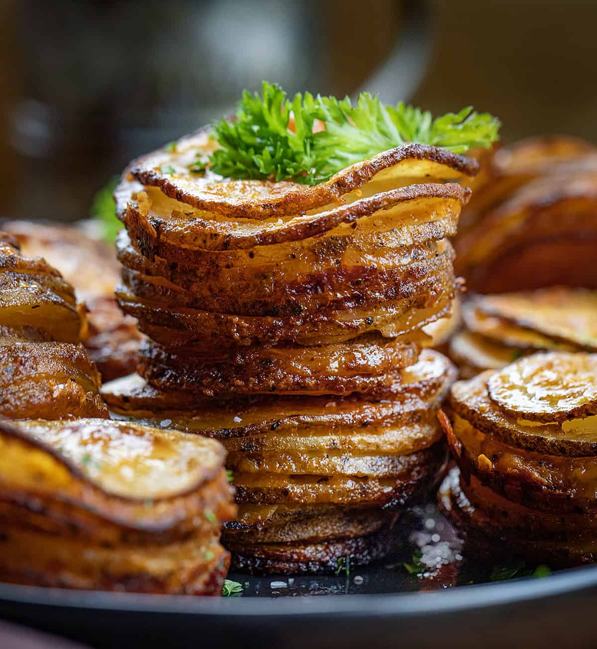 Stack of Crispy Potato Stacks on top of other stacks close up.