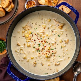 Pot of Garlic Parmesan Chicken Chowder on a wooden table from overhead.