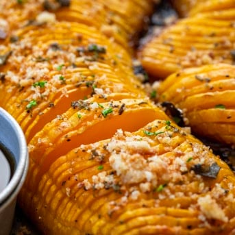 Close up of Hasselback Butternut Squash.
