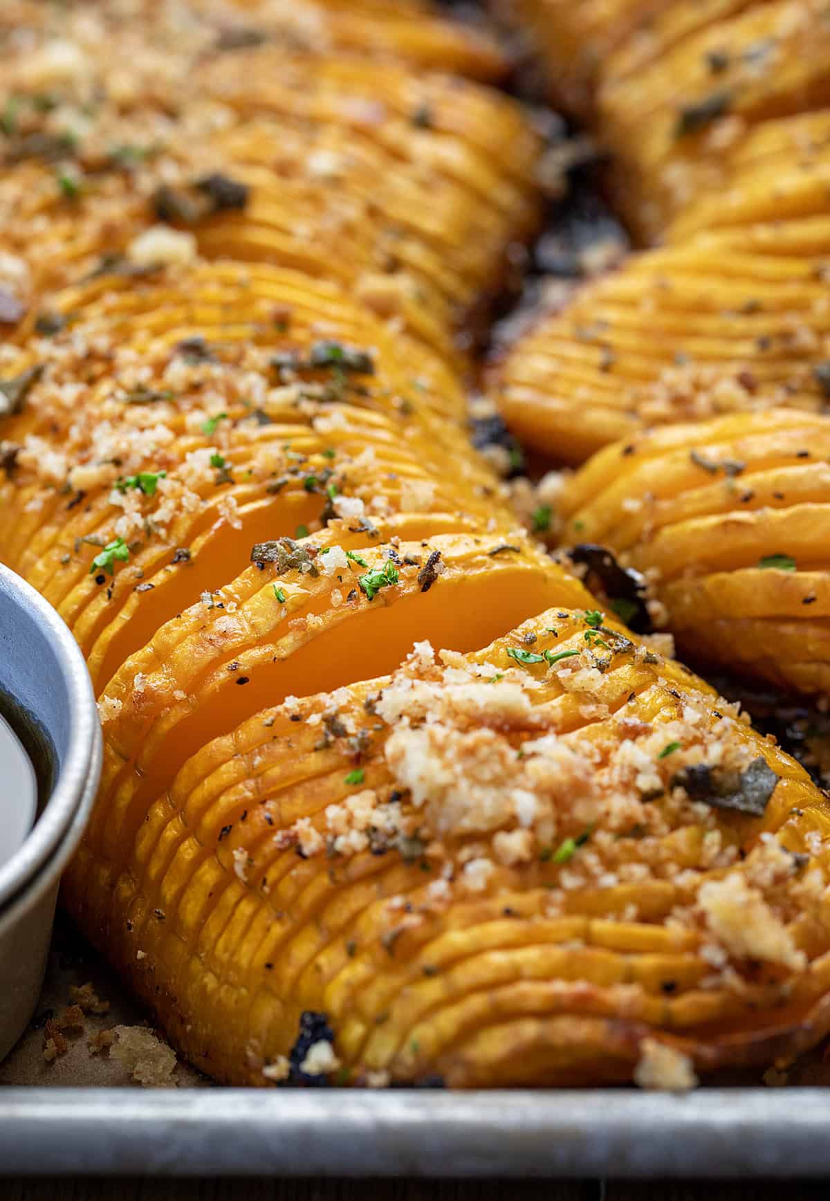Close up of Hasselback Butternut Squash.