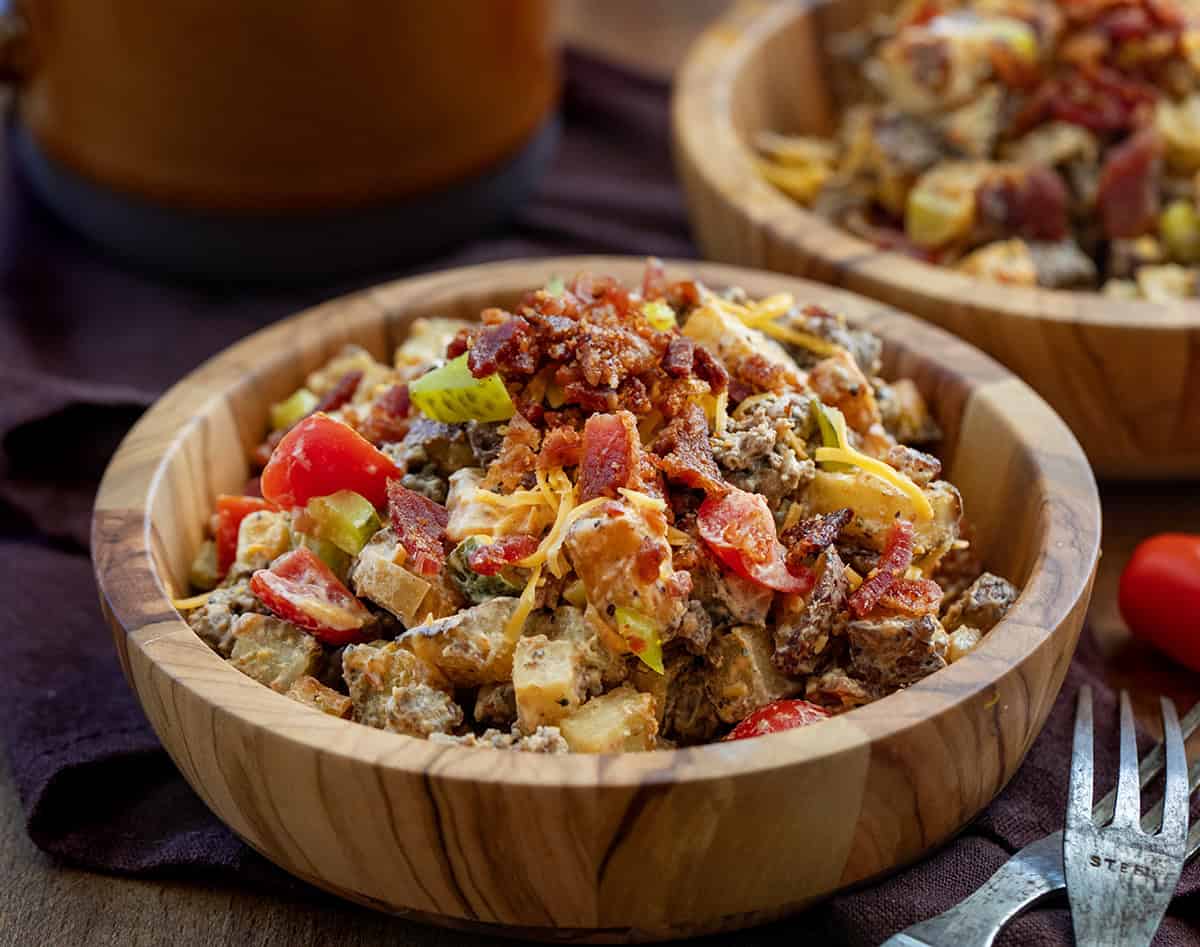 Bowls of Cheeseburger Potato Salad Bowl.