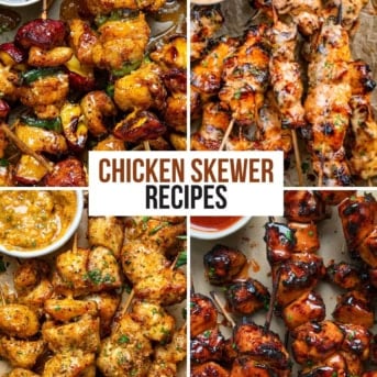 Collage for a Chicken Skewer recipe found up featuring Jalapeno Peach Chicken Skewers, Bang Bang Chicken Skewers, Cowboy Butter Chicken Skewers, and Firecracker Chicken Skewers.