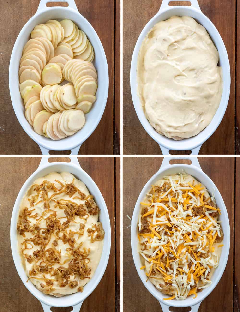 These Cheesy French Onion Scalloped Potatoes are rich, creamy, and loaded with caramelized onions and melty cheese! Process steps for making French Onion Scalloped Potatoes with raw slices potatoes, cheesy sauce, french onion, and cheese on top on a wooden table from overhead.