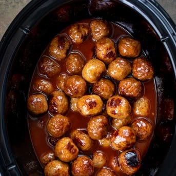 Slow Cooker Honey Buffalo Meatballs from overhead.