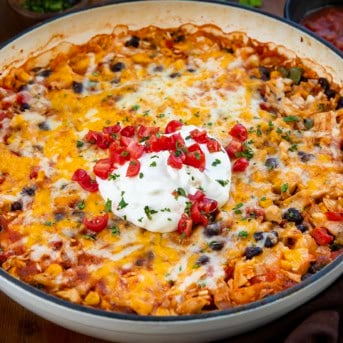 Close up of a pan of Southwest Chicken Skillet.