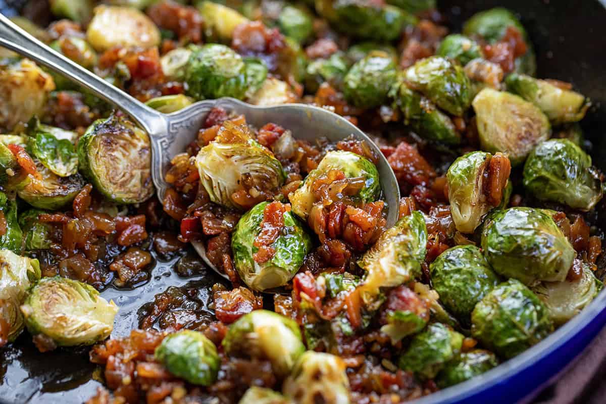 Close up of a spoonful of Bacon Jam Brussels Sprouts.