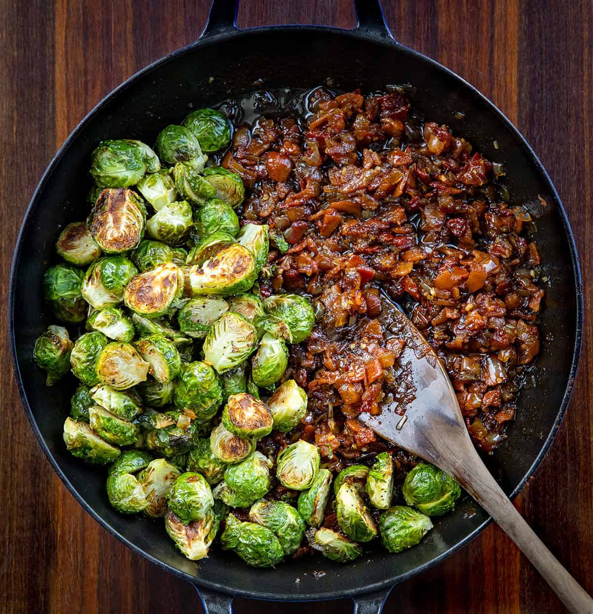 Bacon Jam and Brussels Sprouts before being mixed together in a skillet.