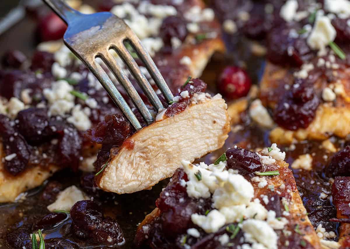Sweet, tangy, and full of flavor, this Cranberry Feta Chicken Bake is a simple one-pan meal that looks as beautiful as it tastes! It’s perfect for a weeknight dinner and done in under 30 minutes! Piece of chicken on a fork held above the skillet of Cranberry Feta Chicken Bake.