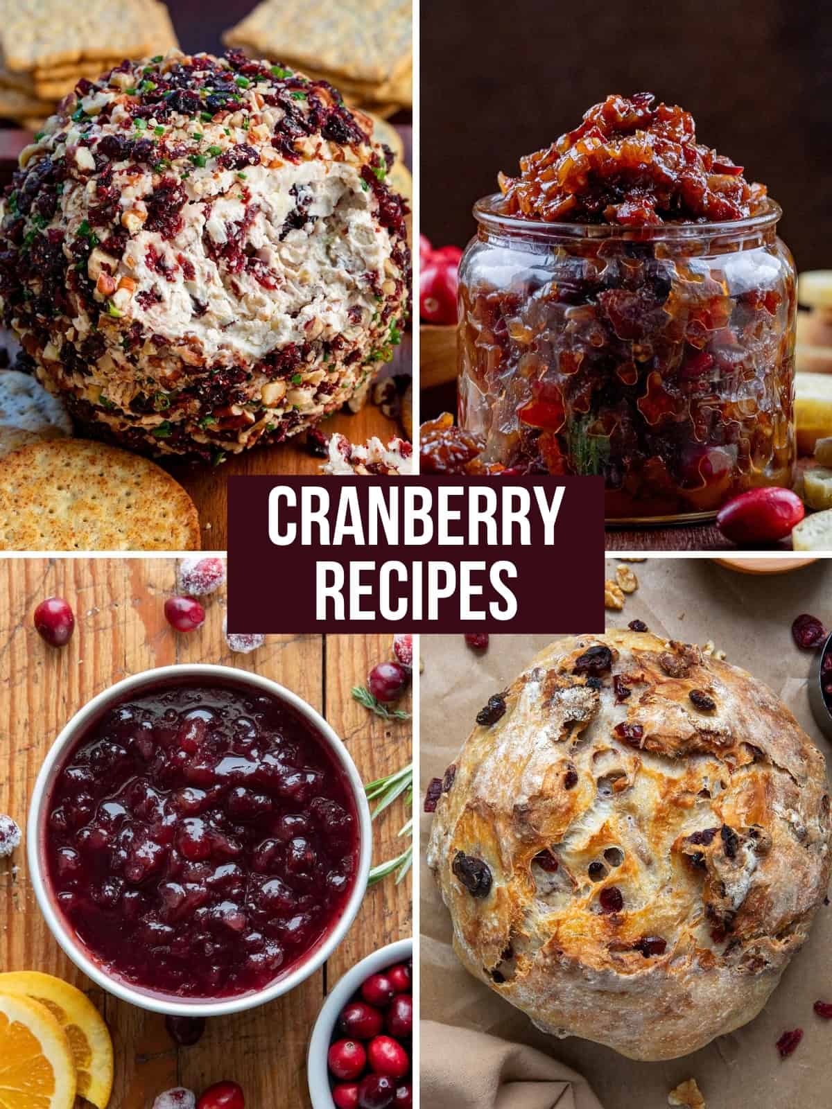 Image of Cranberry Pecan Cheeseball, cranberry bacon jam, homemade cranberry sauce, and cranberry walnut bread.