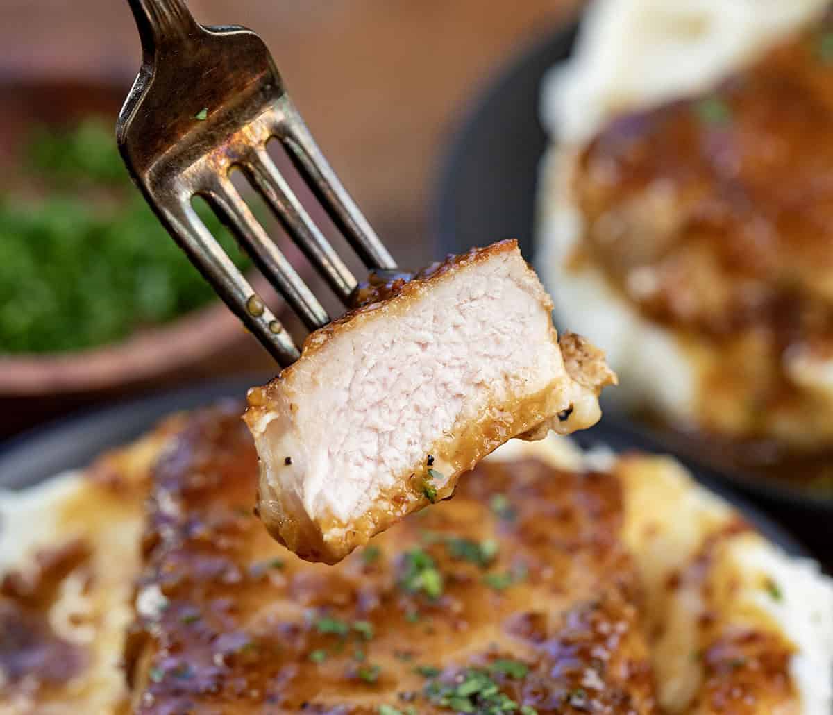 Piece of pork on a fork close up.